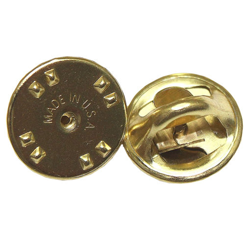 Backing for name plates or awards. Gold metal button with 'Made in USA' text